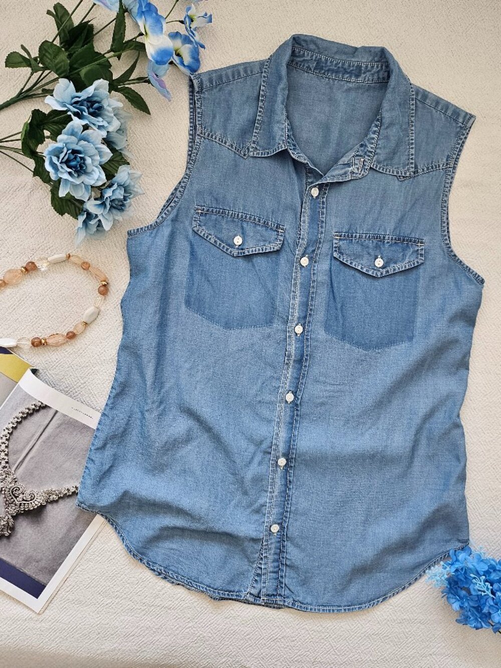 Soft Chambray Blue Sleeveless Shirt
